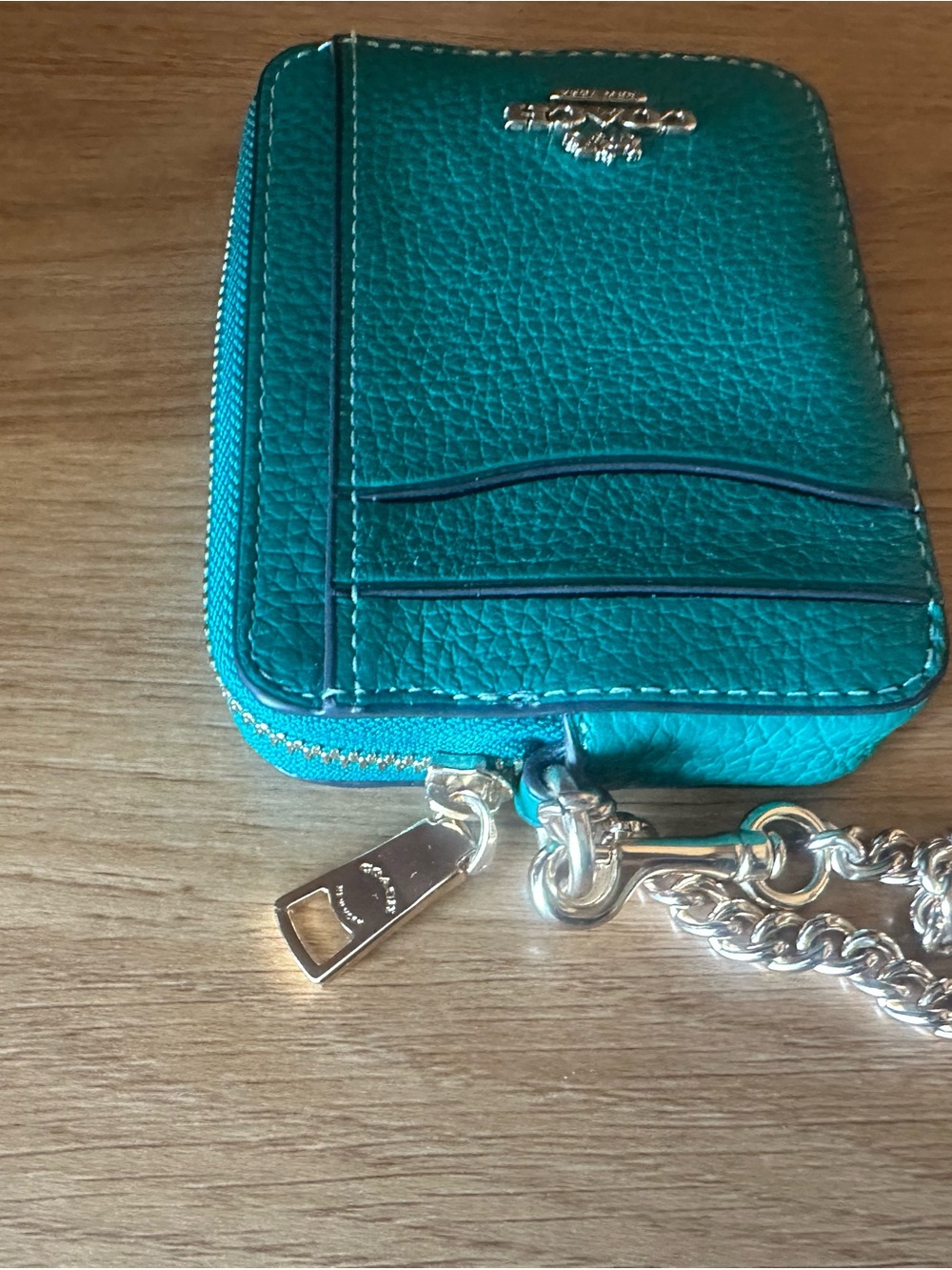 Authentic Coach Teal Leather Wallet with Gold Chain - Picture 7 of 10